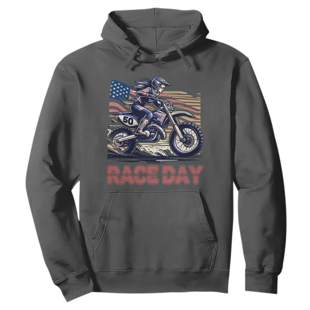 Dirt Bike Girl Hoodie Patriotic Motocross American Flag Racing TS14 Dark Heather Print Your Wear