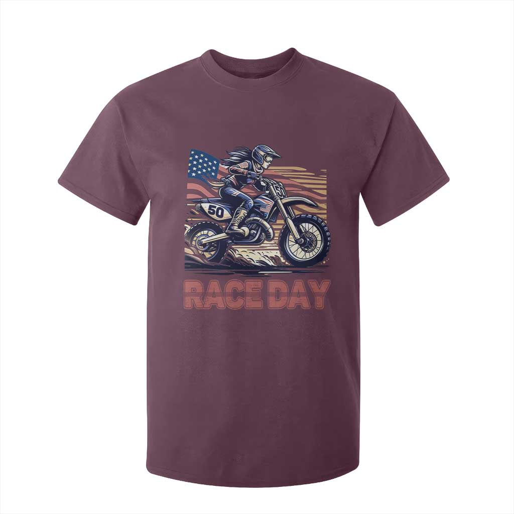 Dirt Bike Girl T Shirt For Kid Patriotic Motocross American Flag Racing TS14 Maroon Print Your Wear