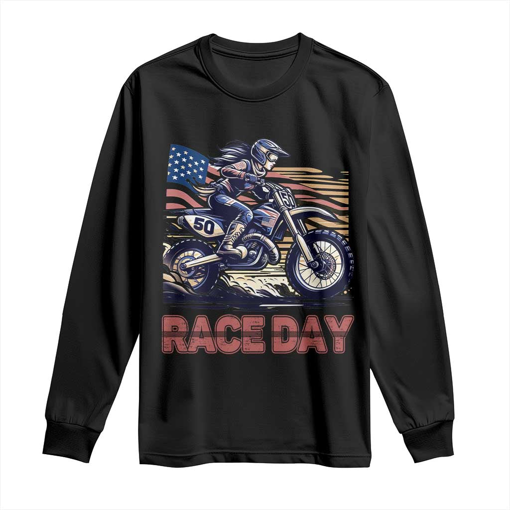 Dirt Bike Girl Long Sleeve Shirt Patriotic Motocross American Flag Racing TS14 Black Print Your Wear