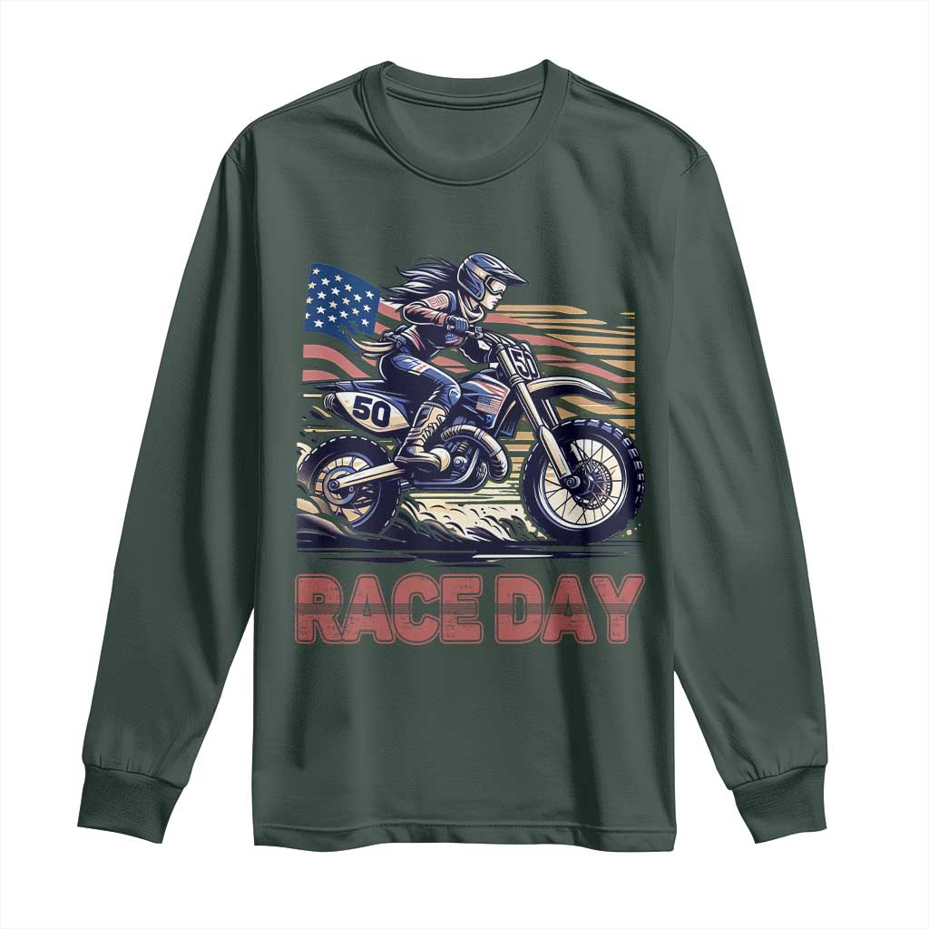 Dirt Bike Girl Long Sleeve Shirt Patriotic Motocross American Flag Racing TS14 Dark Forest Green Print Your Wear