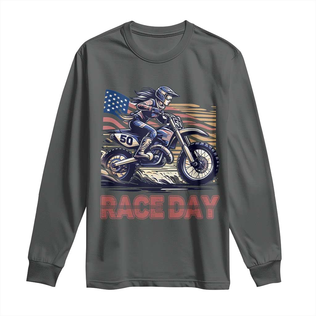 Dirt Bike Girl Long Sleeve Shirt Patriotic Motocross American Flag Racing TS14 Dark Heather Print Your Wear