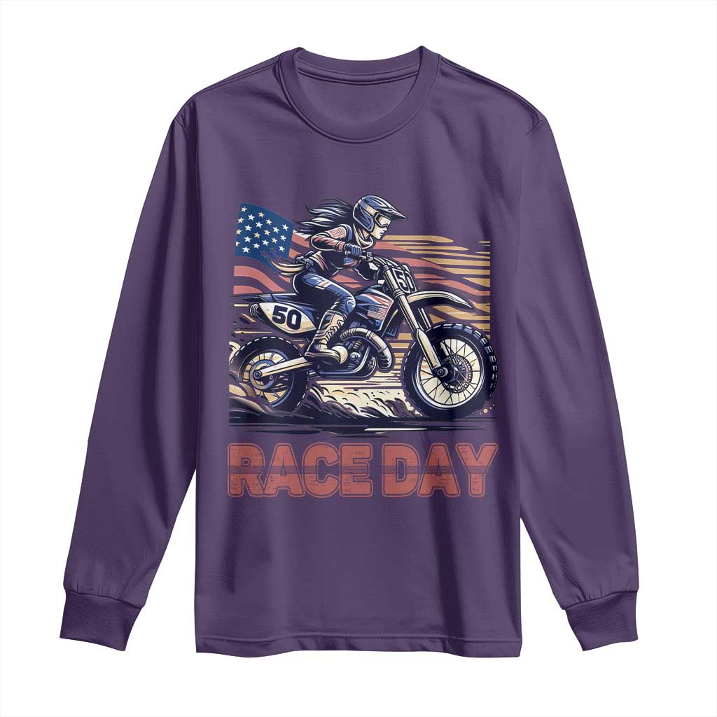 Dirt Bike Girl Long Sleeve Shirt Patriotic Motocross American Flag Racing TS14 Purple Print Your Wear