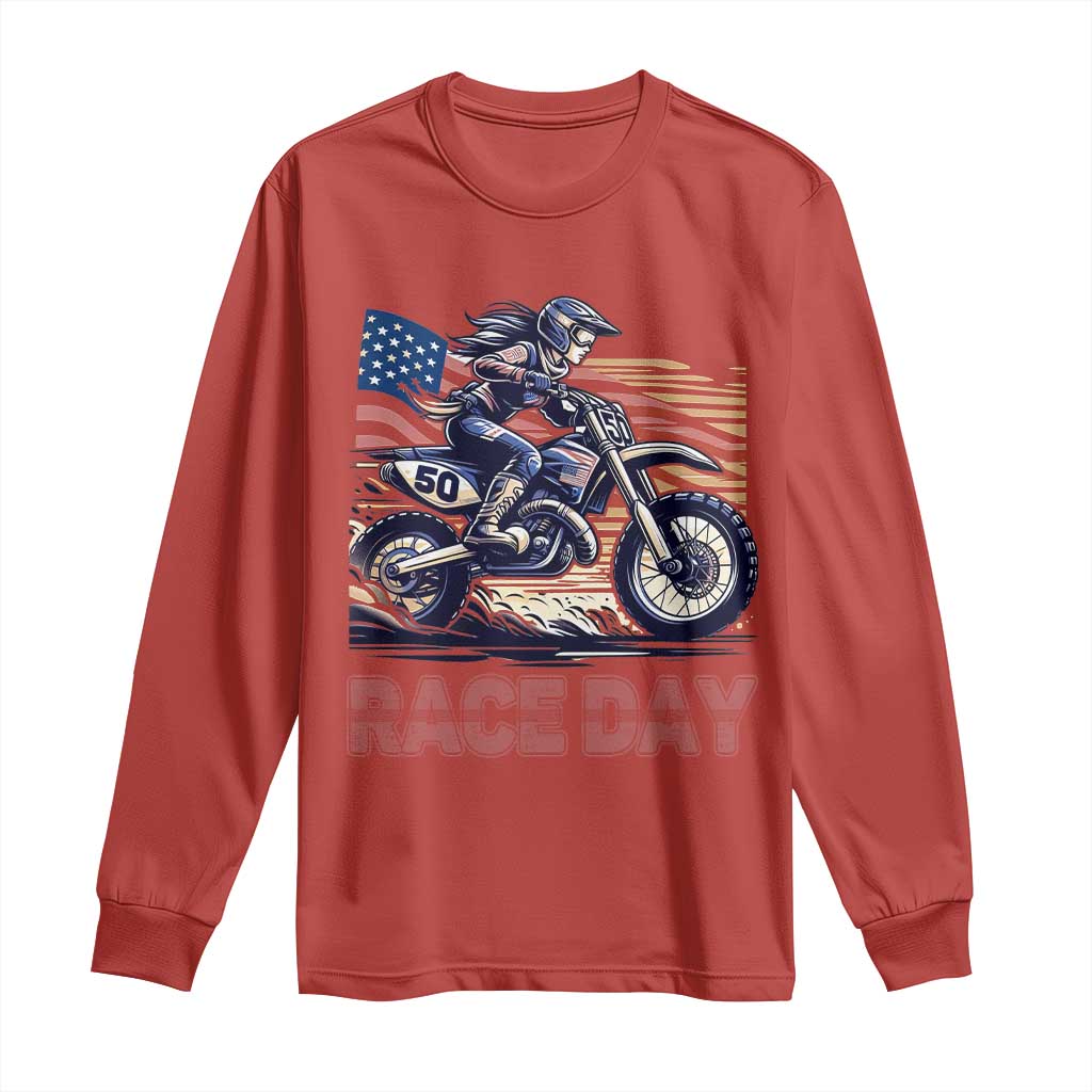 Dirt Bike Girl Long Sleeve Shirt Patriotic Motocross American Flag Racing TS14 Red Print Your Wear
