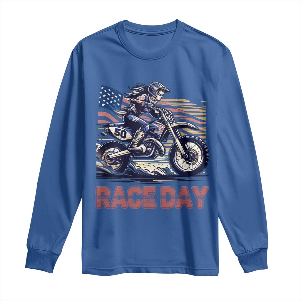 Dirt Bike Girl Long Sleeve Shirt Patriotic Motocross American Flag Racing TS14 Royal Blue Print Your Wear