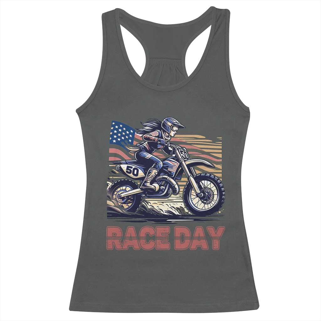Dirt Bike Girl Racerback Tank Top Patriotic Motocross American Flag Racing TS14 Dark Heather Print Your Wear