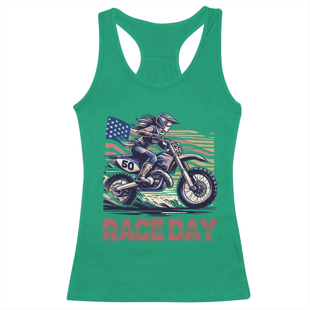Dirt Bike Girl Racerback Tank Top Patriotic Motocross American Flag Racing TS14 Irish Green Print Your Wear