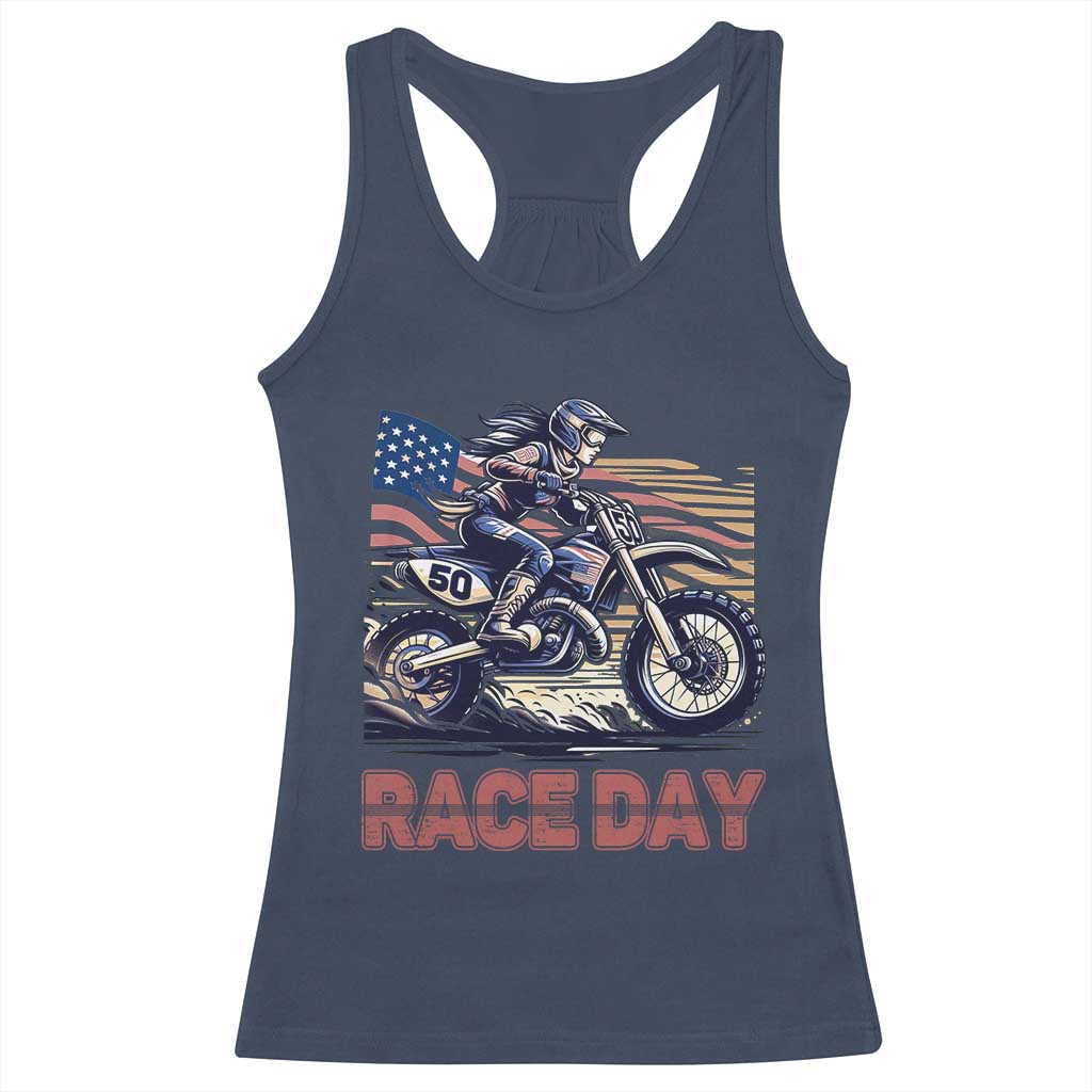 Dirt Bike Girl Racerback Tank Top Patriotic Motocross American Flag Racing TS14 Navy Print Your Wear