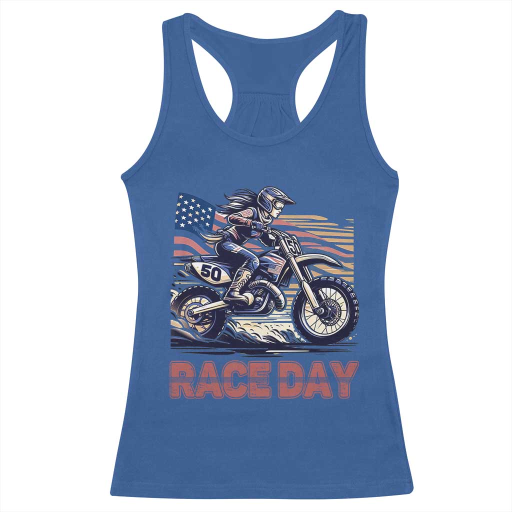 Dirt Bike Girl Racerback Tank Top Patriotic Motocross American Flag Racing TS14 Royal Blue Print Your Wear