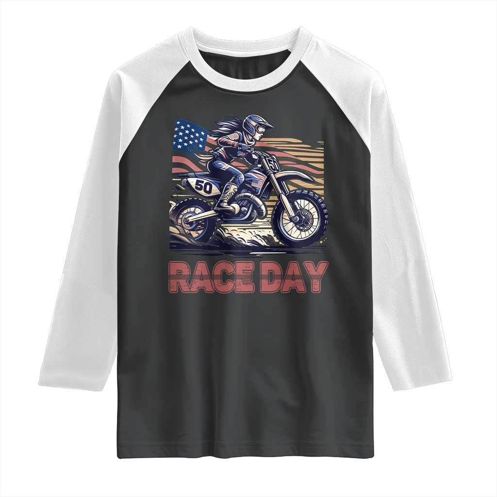Dirt Bike Girl Raglan Shirt Patriotic Motocross American Flag Racing TS14 Black White Print Your Wear