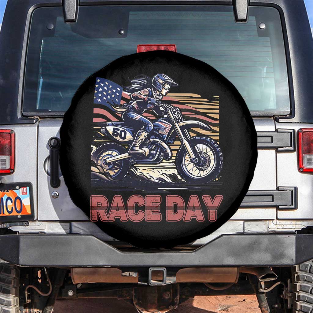 Dirt Bike Girl Spare Tire Cover Patriotic Motocross American Flag Racing TS14 No hole Black Print Your Wear