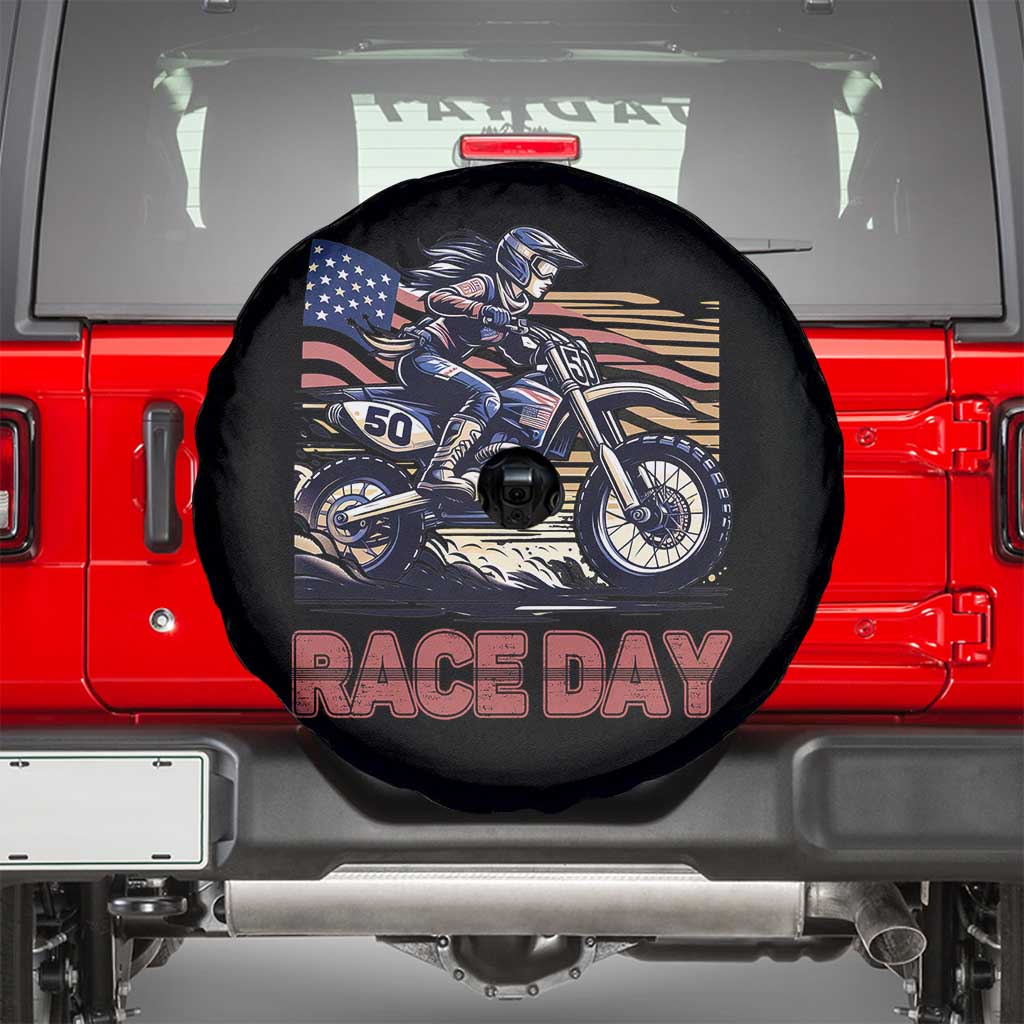 Dirt Bike Girl Spare Tire Cover Patriotic Motocross American Flag Racing TS14 Black Print Your Wear