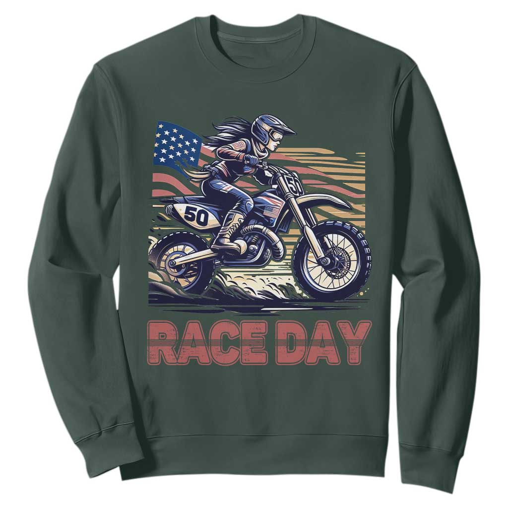 Dirt Bike Girl Sweatshirt Patriotic Motocross American Flag Racing TS14 Dark Forest Green Print Your Wear