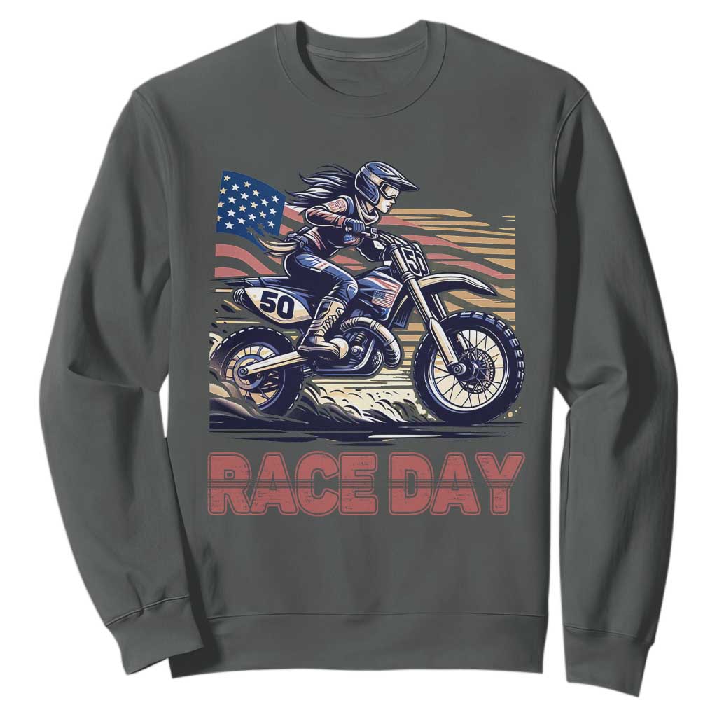 Dirt Bike Girl Sweatshirt Patriotic Motocross American Flag Racing TS14 Dark Heather Print Your Wear