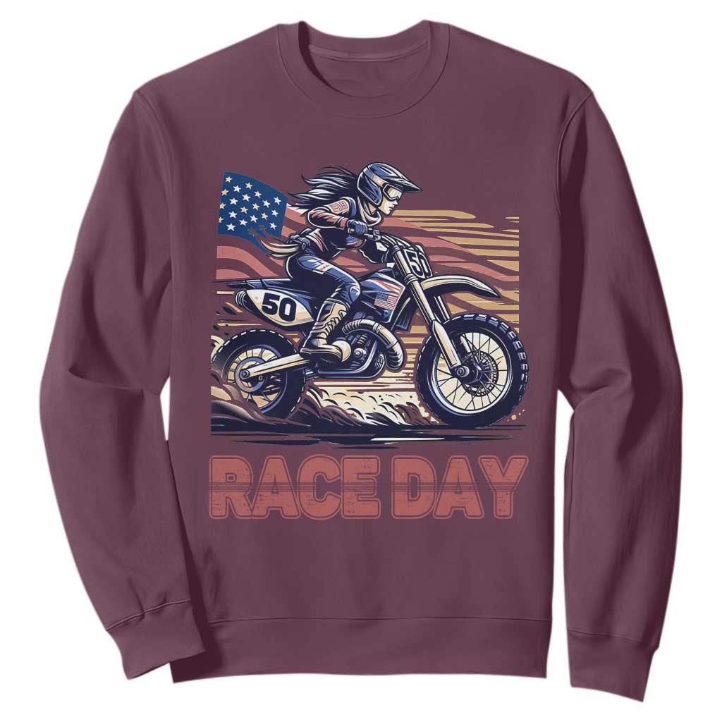 Dirt Bike Girl Sweatshirt Patriotic Motocross American Flag Racing TS14 Maroon Print Your Wear