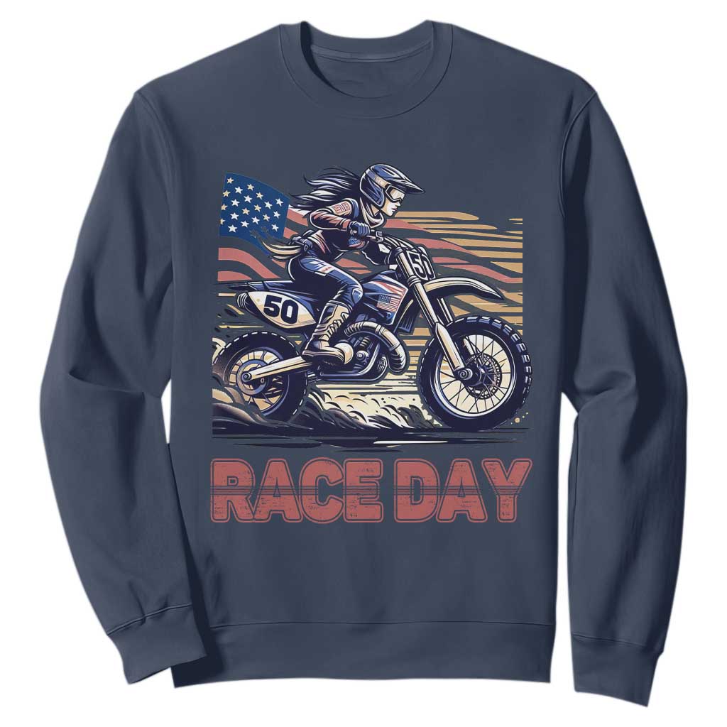 Dirt Bike Girl Sweatshirt Patriotic Motocross American Flag Racing TS14 Navy Print Your Wear