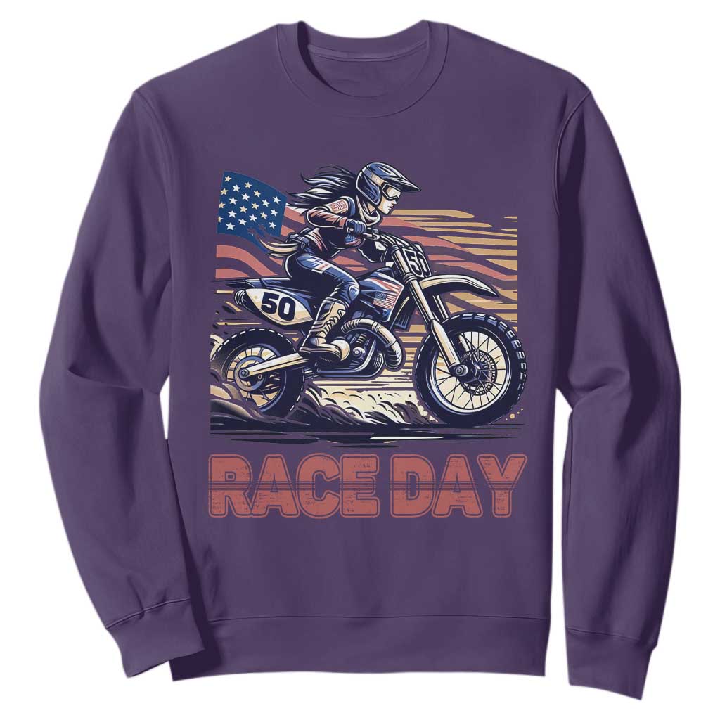 Dirt Bike Girl Sweatshirt Patriotic Motocross American Flag Racing TS14 Purple Print Your Wear