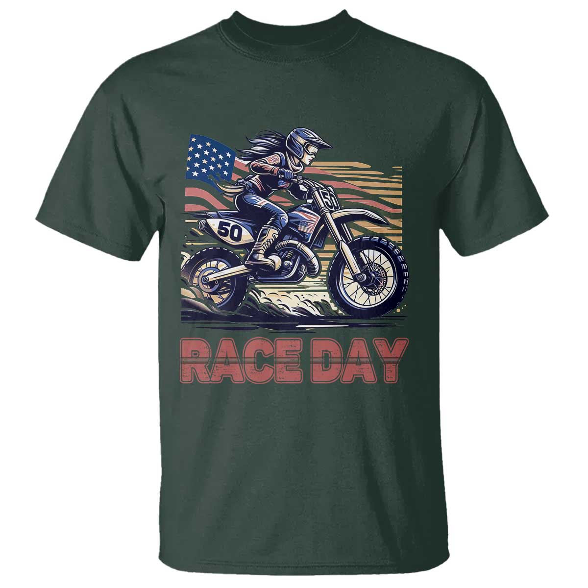 Dirt Bike Girl T Shirt Patriotic Motocross American Flag Racing TS14 Dark Forest Green Print Your Wear