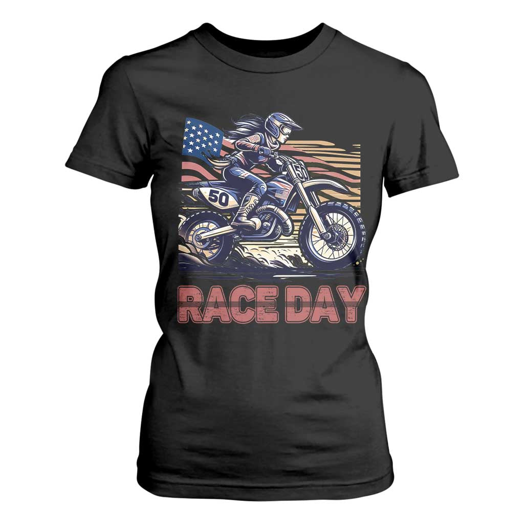 Dirt Bike Girl T Shirt For Women Patriotic Motocross American Flag Racing TS14 Black Print Your Wear