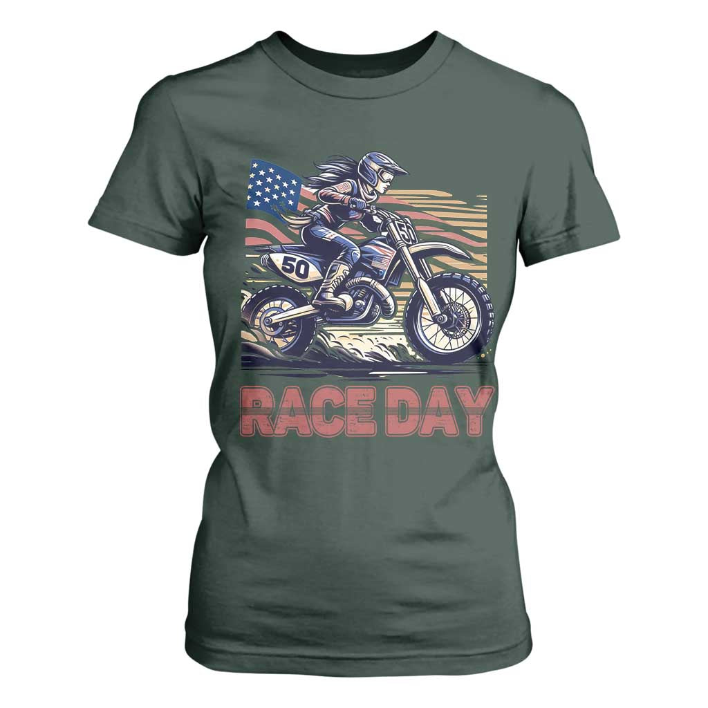 Dirt Bike Girl T Shirt For Women Patriotic Motocross American Flag Racing TS14 Dark Forest Green Print Your Wear