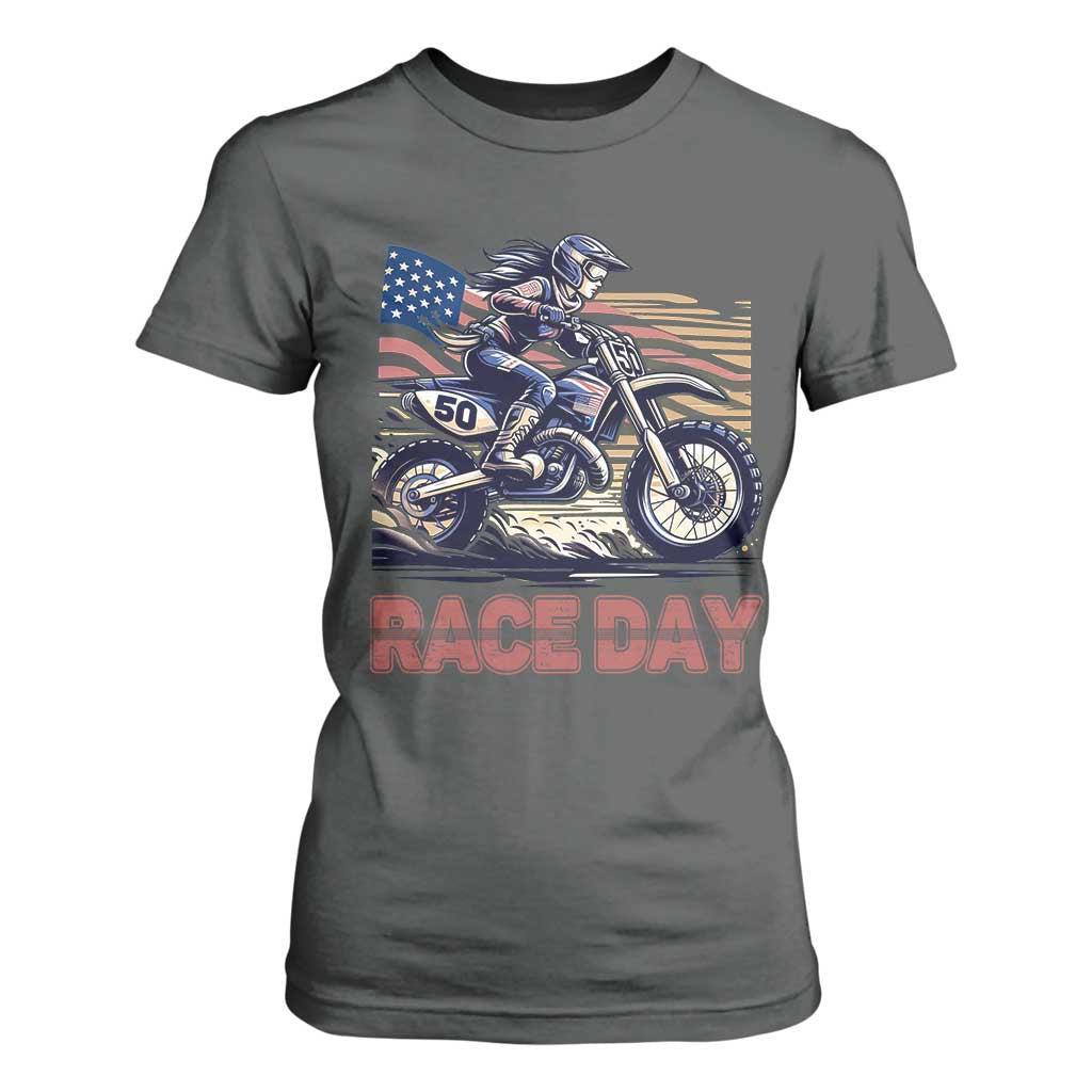 Dirt Bike Girl T Shirt For Women Patriotic Motocross American Flag Racing TS14 Dark Heather Print Your Wear