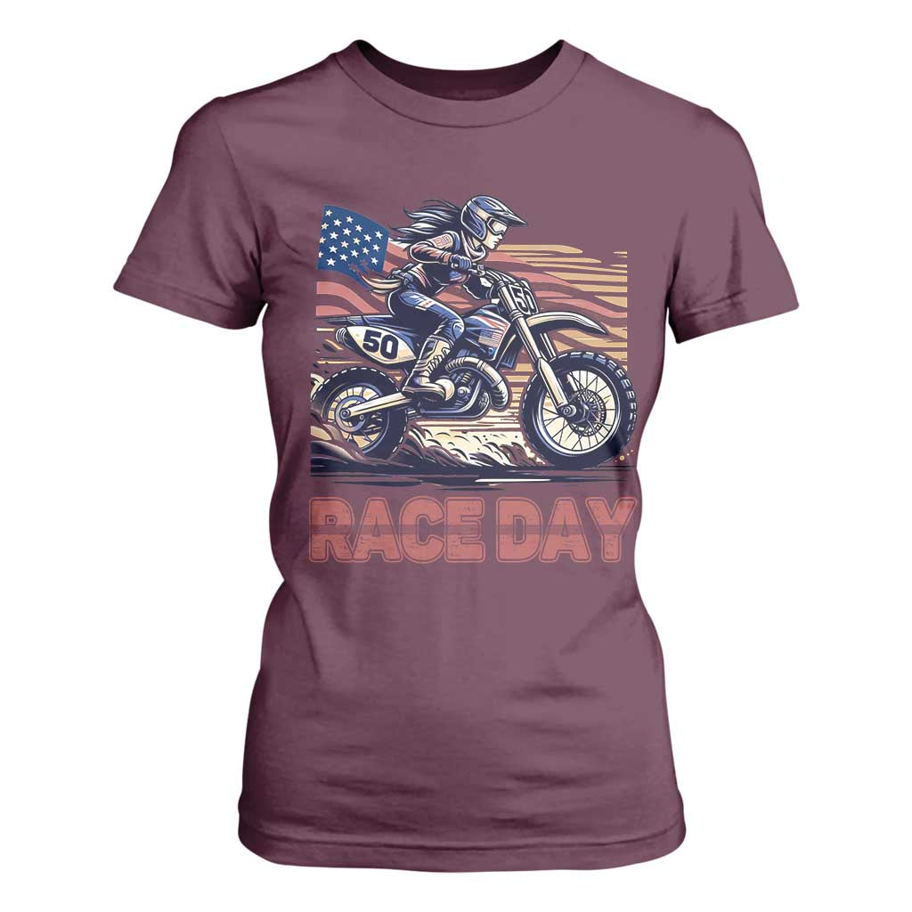 Dirt Bike Girl T Shirt For Women Patriotic Motocross American Flag Racing TS14 Maroon Print Your Wear