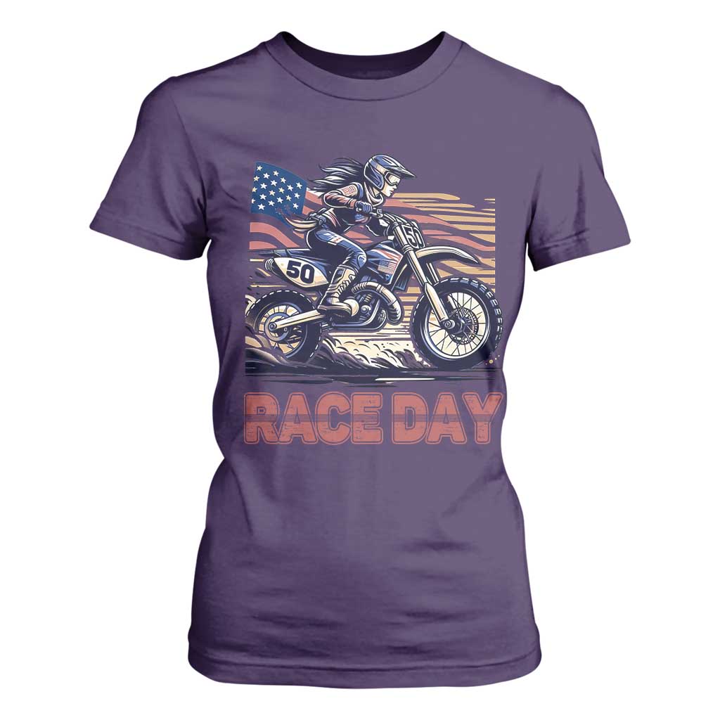 Dirt Bike Girl T Shirt For Women Patriotic Motocross American Flag Racing TS14 Purple Print Your Wear