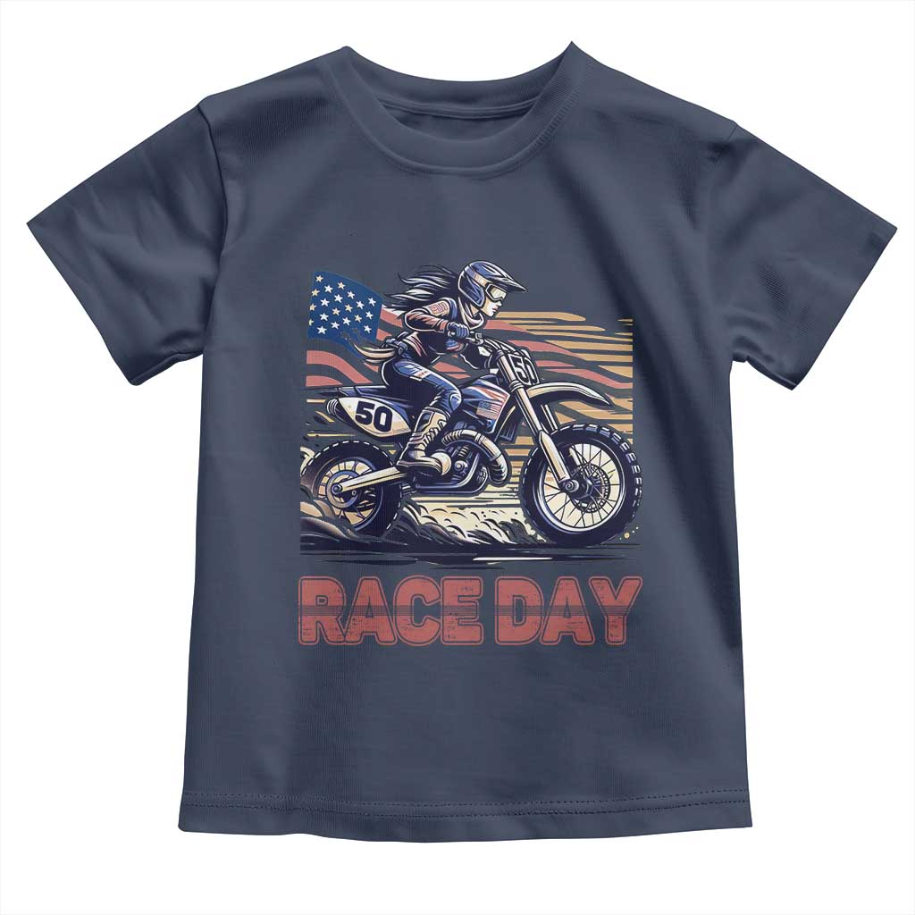 Dirt Bike Girl Toddler T Shirt Patriotic Motocross American Flag Racing TS14 Navy Print Your Wear