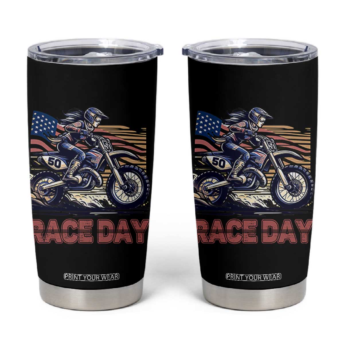 Dirt Bike Girl Tumbler Cup Patriotic Motocross American Flag Racing TS14 Black Print Your Wear