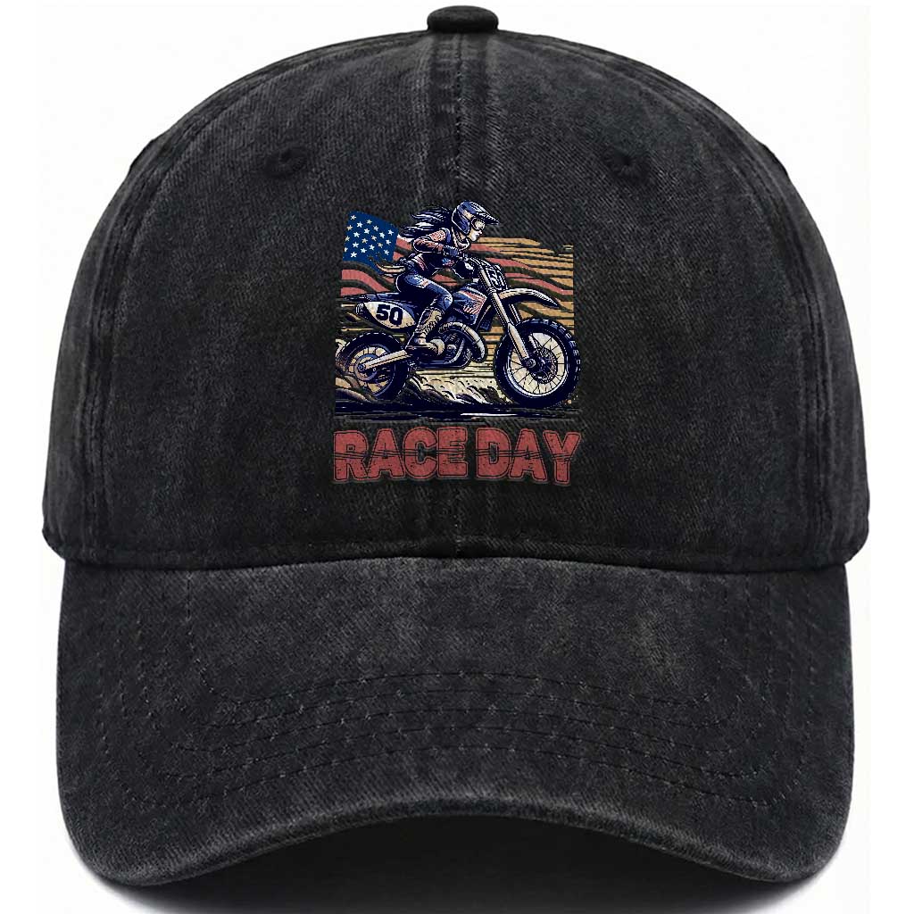 Dirt Bike Girl Washed Cotton Baseball Cap Patriotic Motocross American Flag Racing TS14 Washed Cap Universal Fit Black Print Your Wear