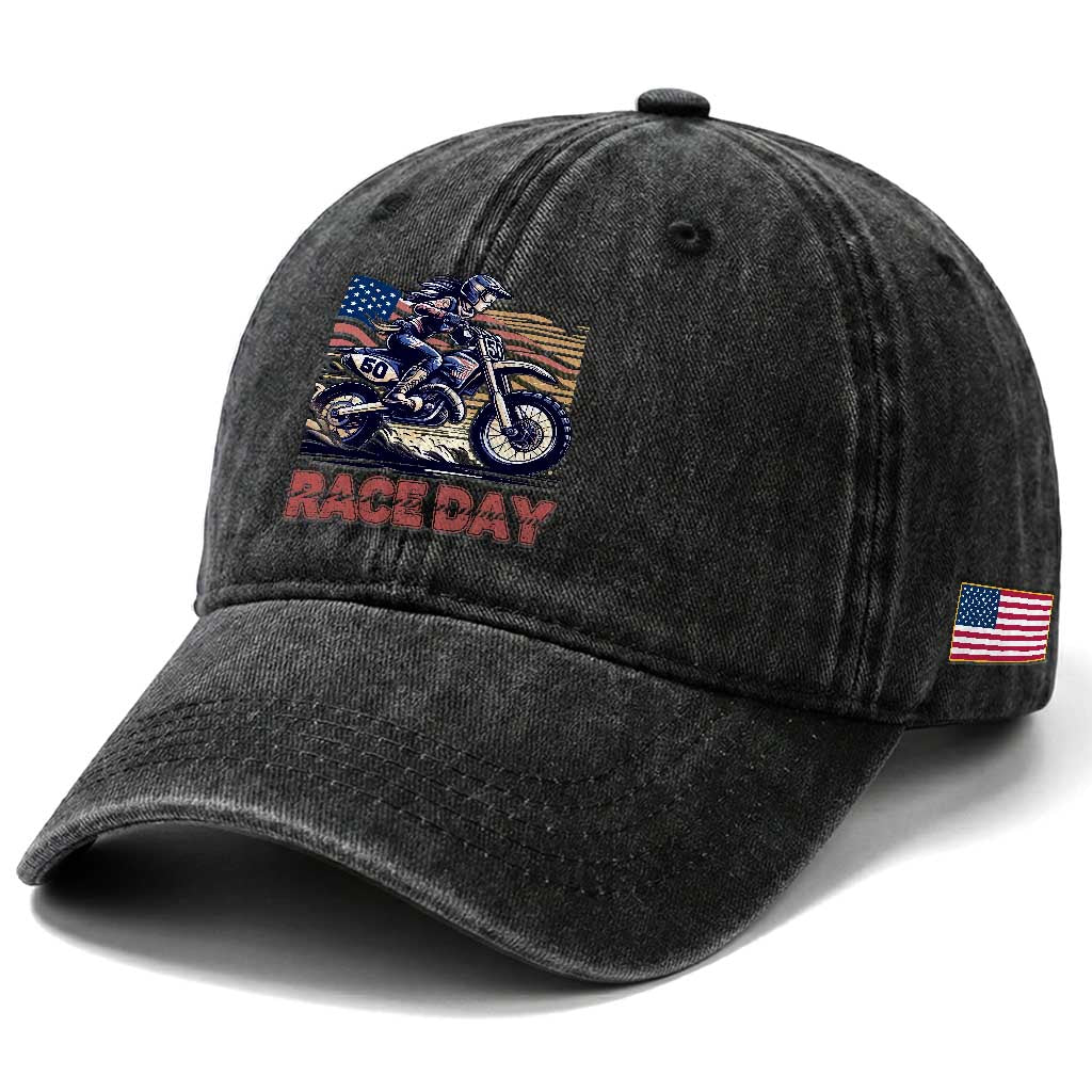 Dirt Bike Girl Washed Cotton Baseball Cap Patriotic Motocross American Flag Racing TS14 Print Your Wear