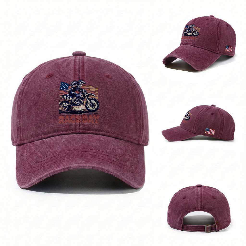 Dirt Bike Girl Washed Cotton Baseball Cap Patriotic Motocross American Flag Racing TS14 Washed Cap Universal Fit Burgundy Print Your Wear