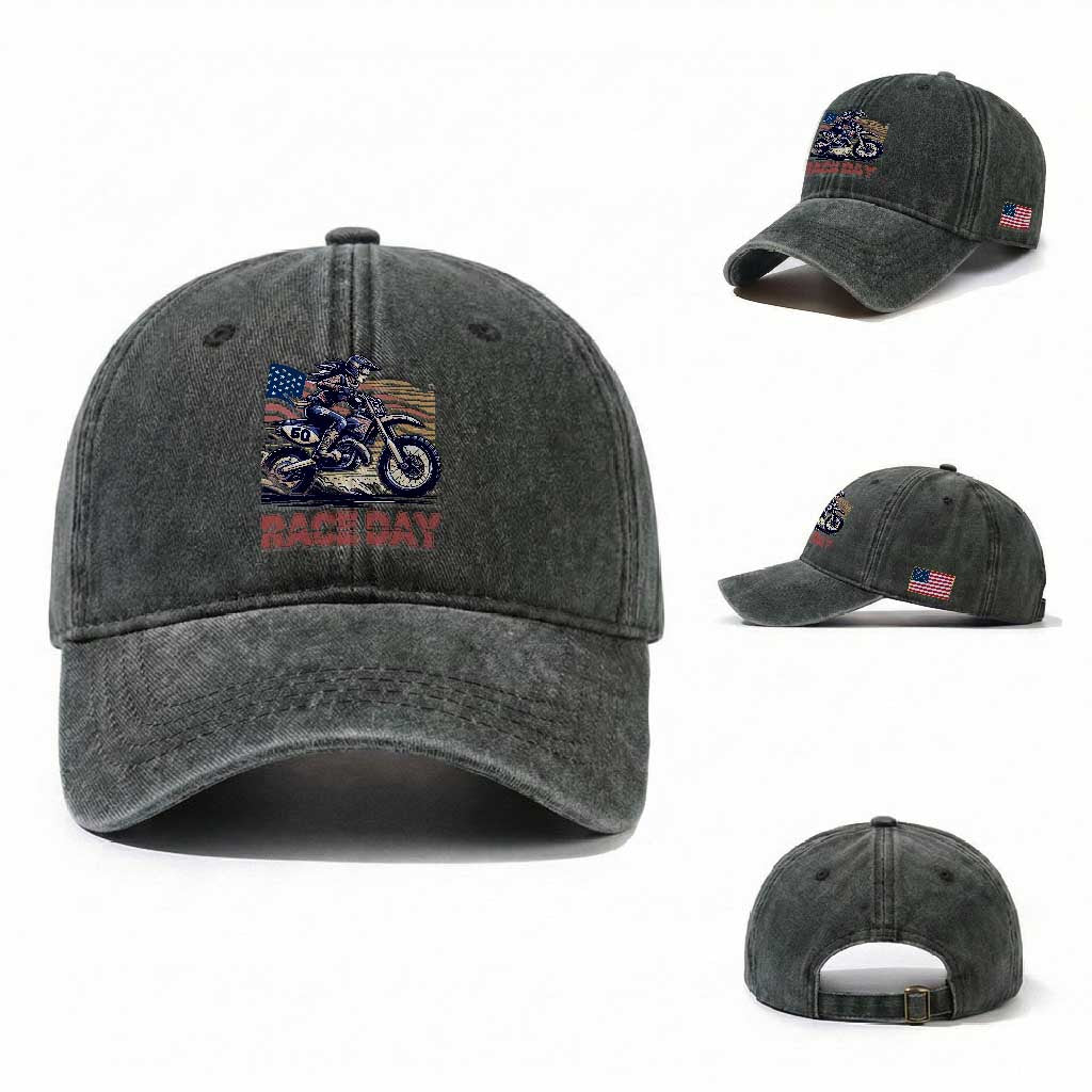 Dirt Bike Girl Washed Cotton Baseball Cap Patriotic Motocross American Flag Racing TS14 Washed Cap Universal Fit Dark Green Print Your Wear