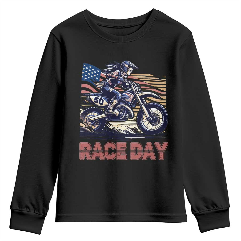 Dirt Bike Girl Youth Sweatshirt Patriotic Motocross American Flag Racing TS14 Black Print Your Wear