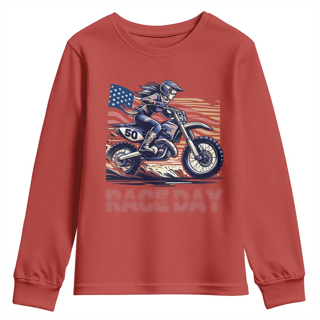 Dirt Bike Girl Youth Sweatshirt Patriotic Motocross American Flag Racing TS14 Red Print Your Wear