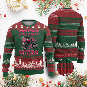 Funny Dirt Bike Girl Ugly Christmas Sweater Born To Ride Dirt Bikes Forced To Go To School TS14 Red Green Print Your Wear