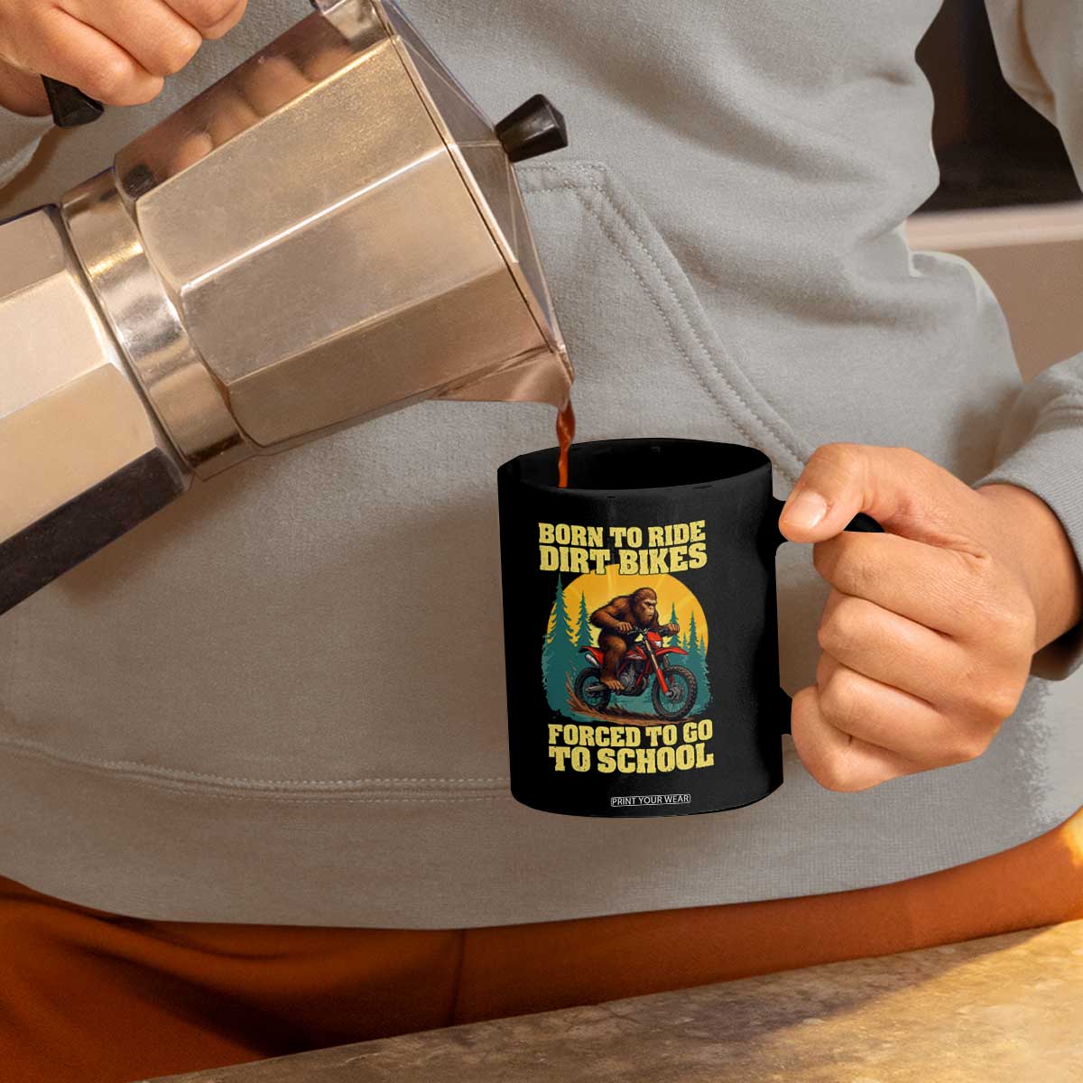 Funny Bigfoot Dirt Bike Coffee Mug Born To Ride Dirt Bikes Forced To Go To School TS14 Print Your Wear