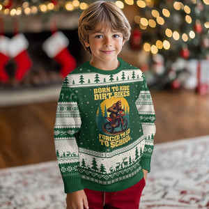 Funny Bigfoot Dirt Bike Ugly Christmas Sweater Born To Ride Dirt Bikes Forced To Go To School TS14 Forest Green Beige Print Your Wear