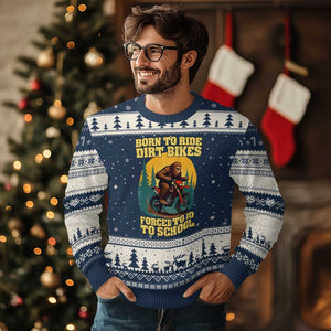 Funny Bigfoot Dirt Bike Ugly Christmas Sweater Born To Ride Dirt Bikes Forced To Go To School TS14 Navy Beige Print Your Wear