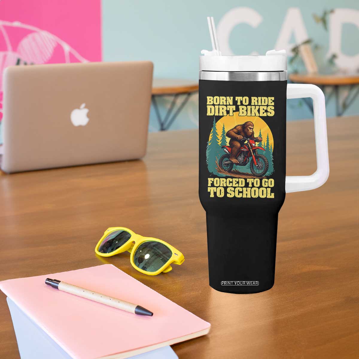 Funny Bigfoot Dirt Bike Tumbler With Handle Born To Ride Dirt Bikes Forced To Go To School TS14 Print Your Wear