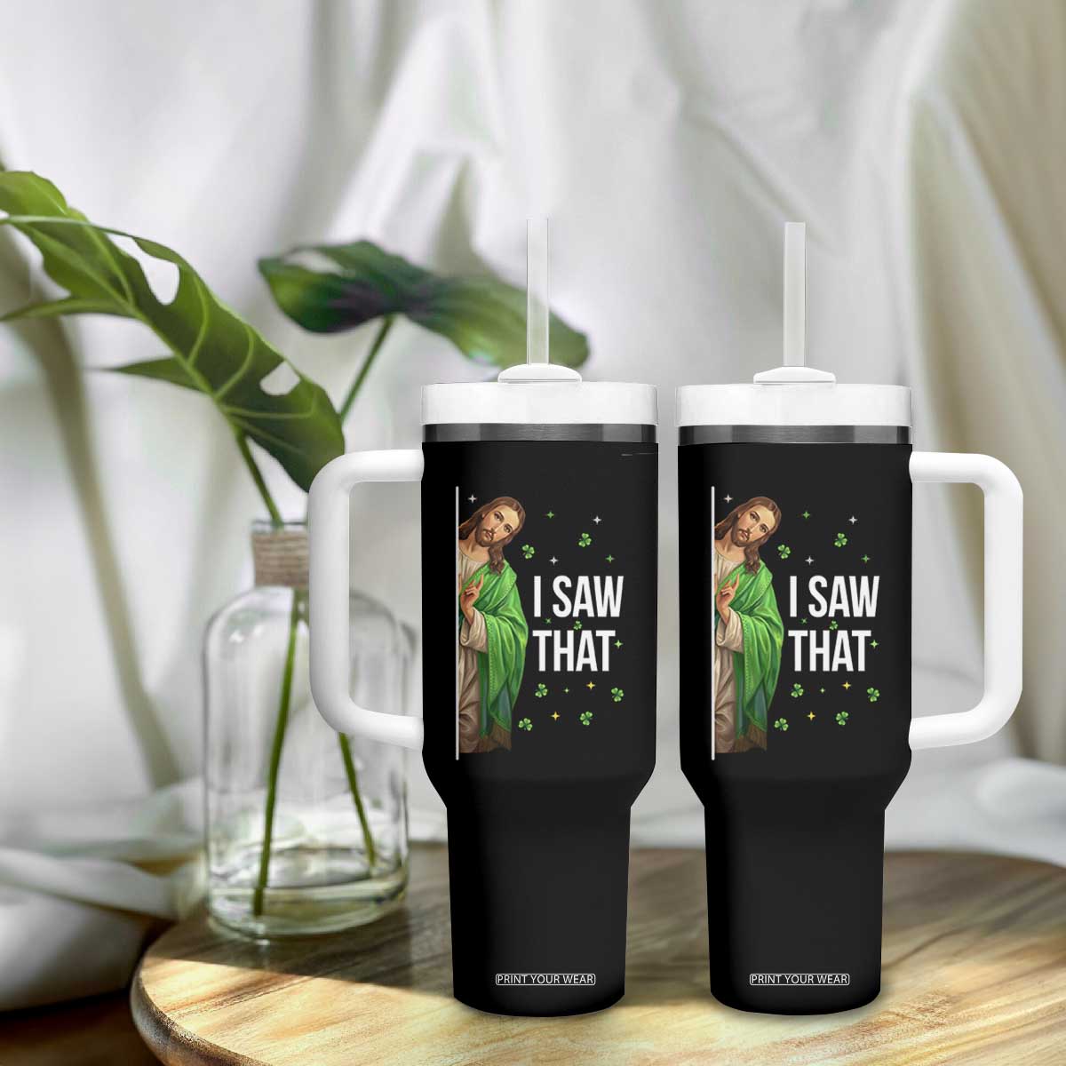Christian Jesus St Patricks Day Meme Tumbler With Handle I Saw That TS14 Print Your Wear