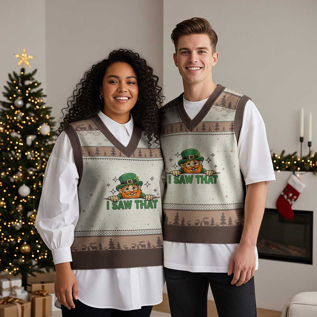 I Saw That V-Neck Knit Sweater Vest Funny Leprechaun St Patricks Day Meme TS14 Mocha Mousse Print Your Wear
