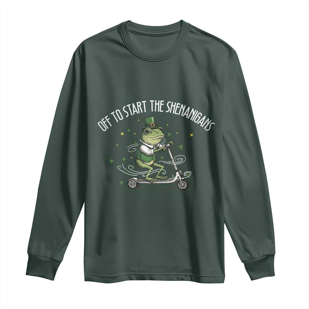 Funny Frog St Patricks Day Meme Long Sleeve Shirt Off To Start The Shenanigans TS14 Dark Forest Green Print Your Wear