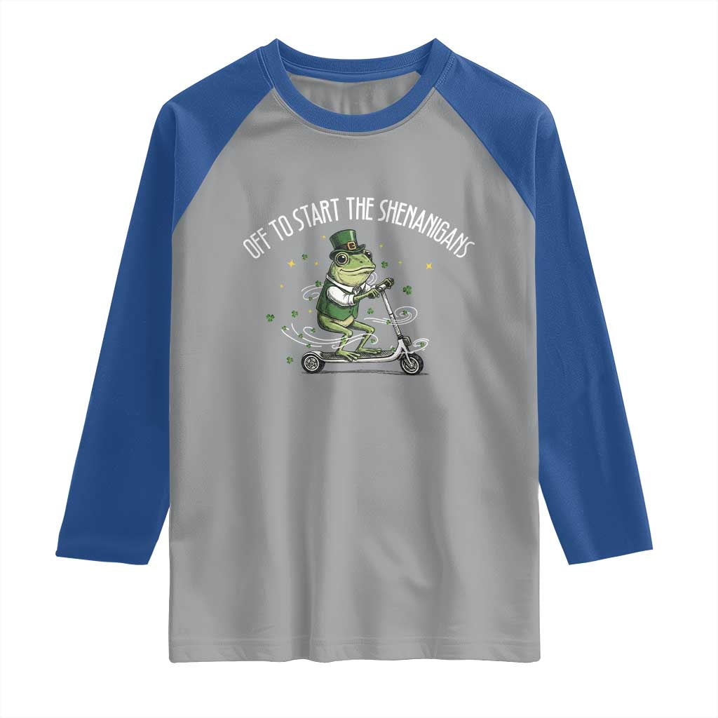 Funny Frog St Patricks Day Meme Raglan Shirt Off To Start The Shenanigans TS14 Sport Gray Royal Print Your Wear