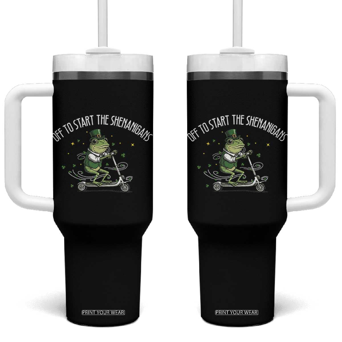 Funny Frog St Patricks Day Meme Tumbler With Handle Off To Start The Shenanigans TS14 One Size: 40 oz Black Print Your Wear