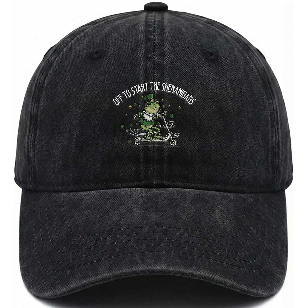 Funny Frog St Patricks Day Meme Washed Cotton Baseball Cap Off To Start The Shenanigans TS14 Washed Cap Universal Fit Black Print Your Wear