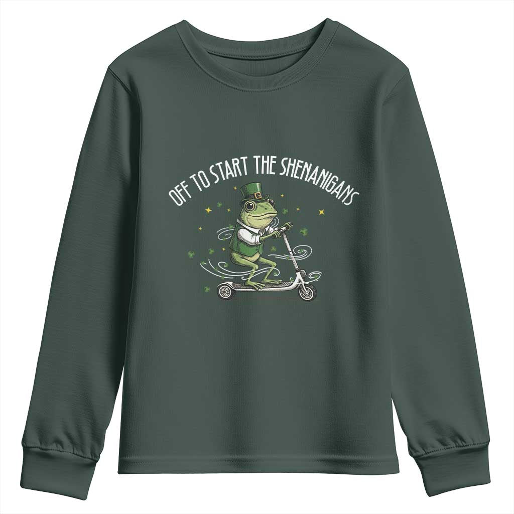 Funny Frog St Patricks Day Meme Youth Sweatshirt Off To Start The Shenanigans TS14 Dark Forest Green Print Your Wear
