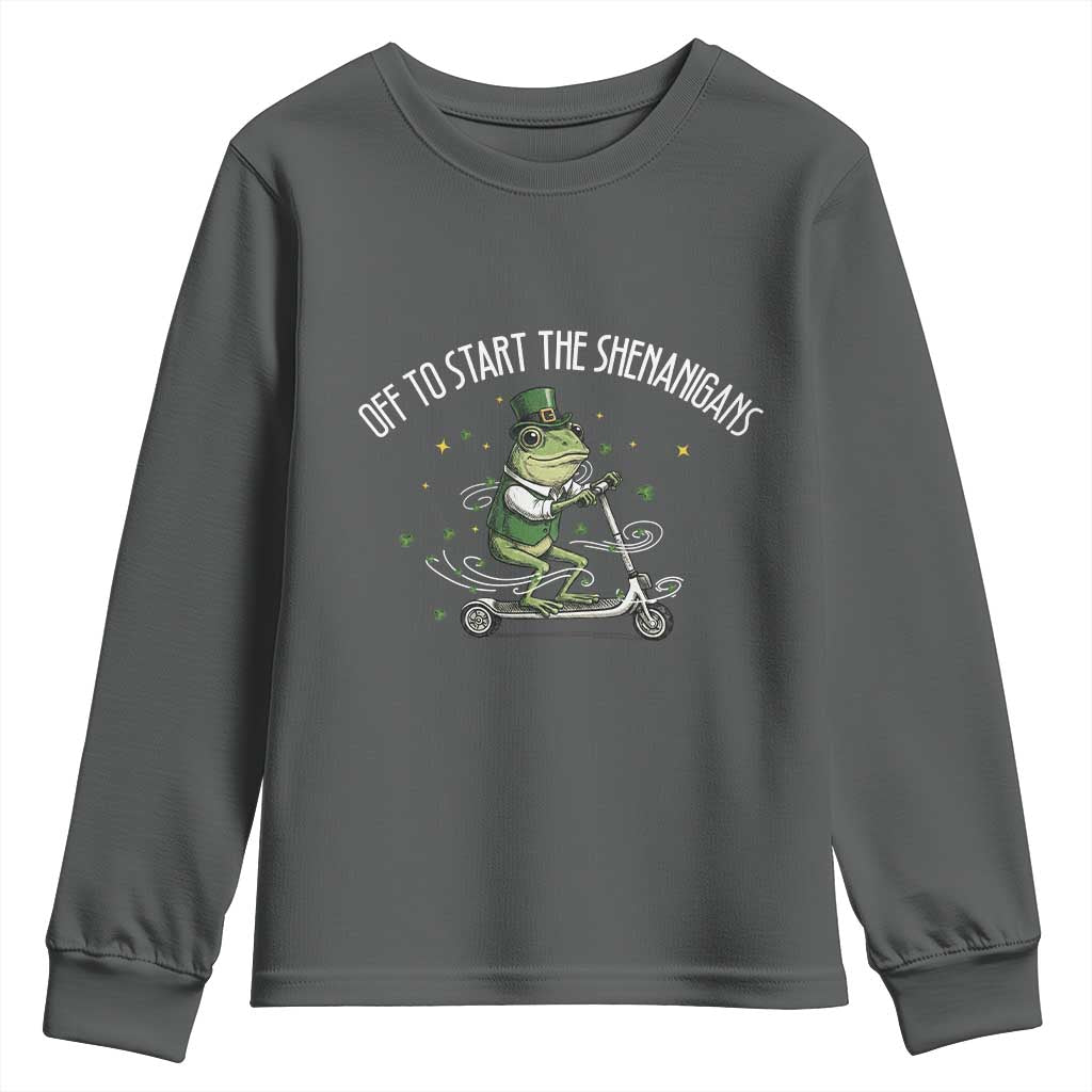Funny Frog St Patricks Day Meme Youth Sweatshirt Off To Start The Shenanigans TS14 Dark Heather Print Your Wear