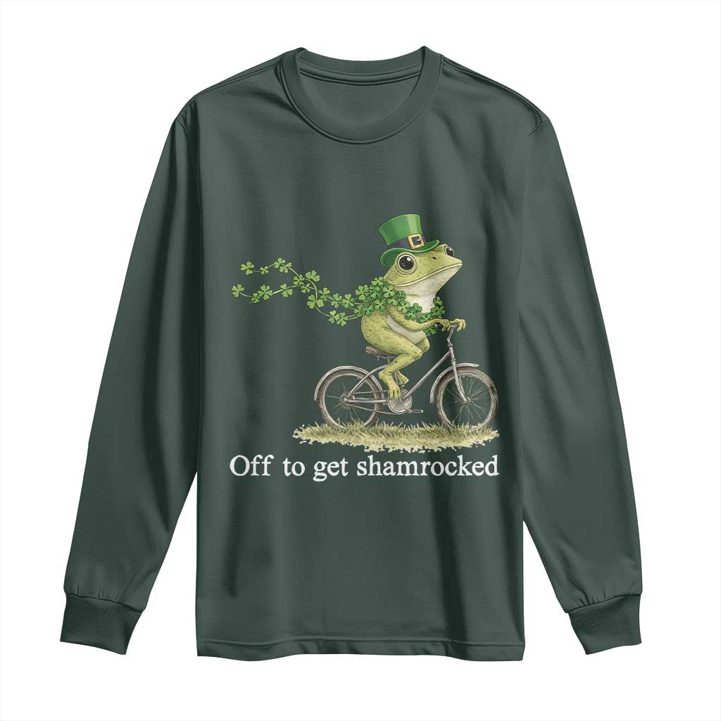 Funny Frog St Patricks Day Meme Long Sleeve Shirt Off To Get Shamrocked TS14 Dark Forest Green Print Your Wear
