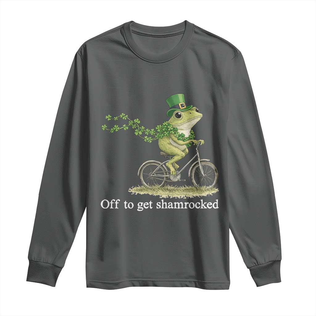 Funny Frog St Patricks Day Meme Long Sleeve Shirt Off To Get Shamrocked TS14 Dark Heather Print Your Wear