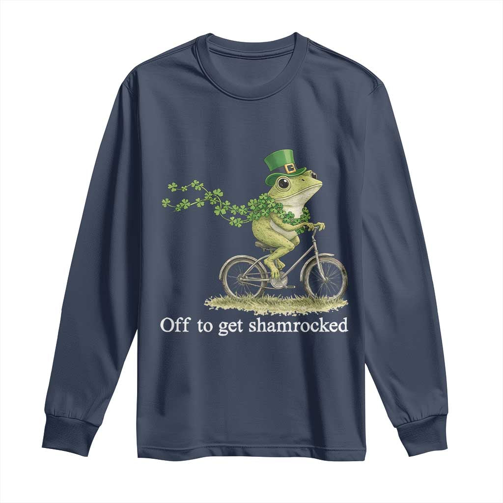 Funny Frog St Patricks Day Meme Long Sleeve Shirt Off To Get Shamrocked TS14 Navy Print Your Wear